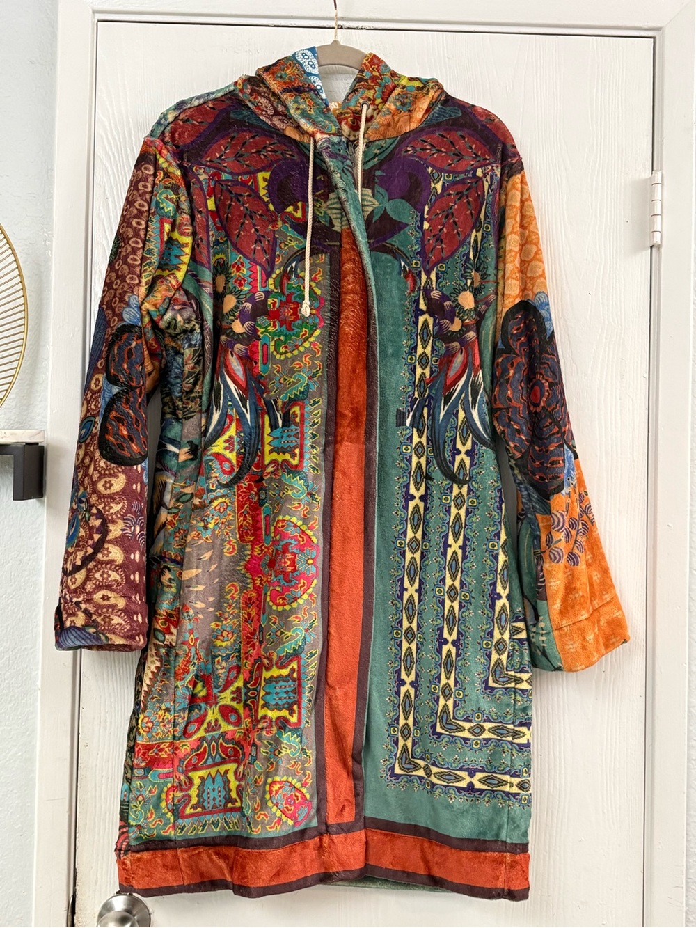 Johnny Was Biya Colorful Nature-Inspired Prints Hooded Fleece Coat Size L